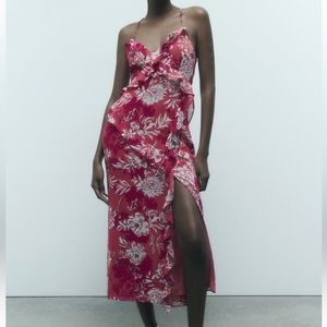 Zara Pink Floral Ruffled Slip Midi Dress